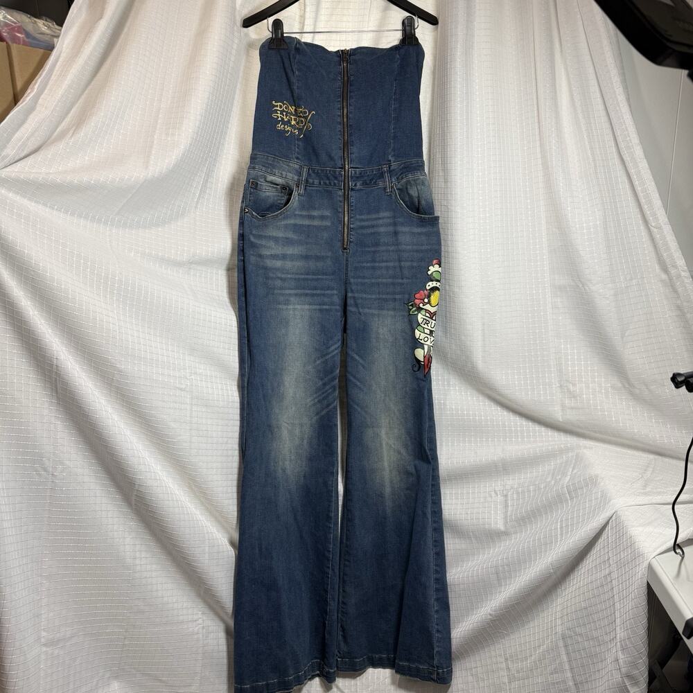 Ed Hardy Jumpsuit True Love Womens XL Tattoo Denim Strapless Overalls Y2K Grunge